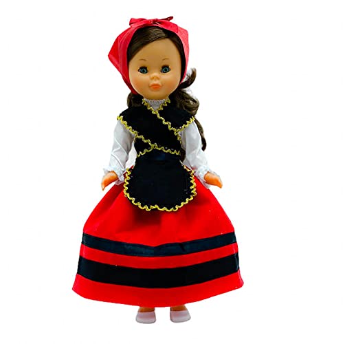 Folk Artesanía Set Vestido Regional Gallega Galicia, pañuelo, Delantal y Percha para muñeca Nancy, Sintra, Mina, Noa. Muñeca no incluida. Fabricado en España.