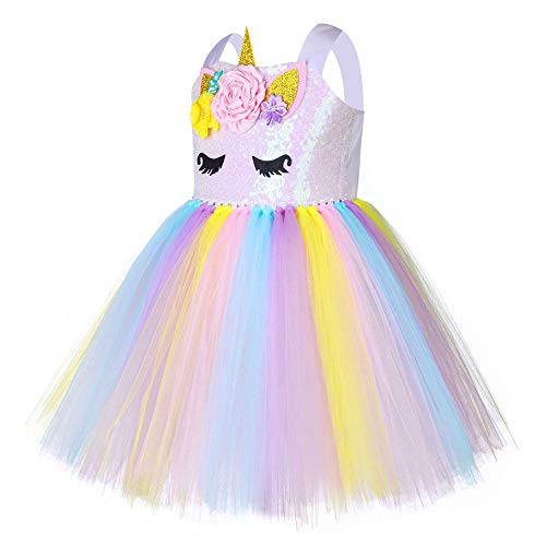 FONLAM Vestido Disfraz de Unicornio Niña Bebé Vestido Princesa Fiesta Carnaval Bautizo Tutú Infantil Flores Niña (Amarillo y Blanco, 3-4 Años M)