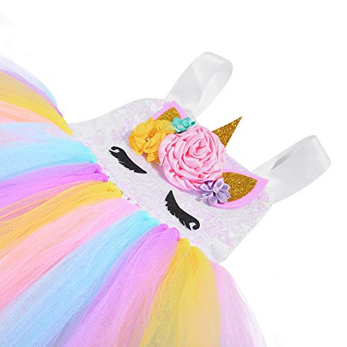 FONLAM Vestido Disfraz de Unicornio Niña Bebé Vestido Princesa Fiesta Carnaval Bautizo Tutú Infantil Flores Niña (Amarillo y Blanco, 3-4 Años M)