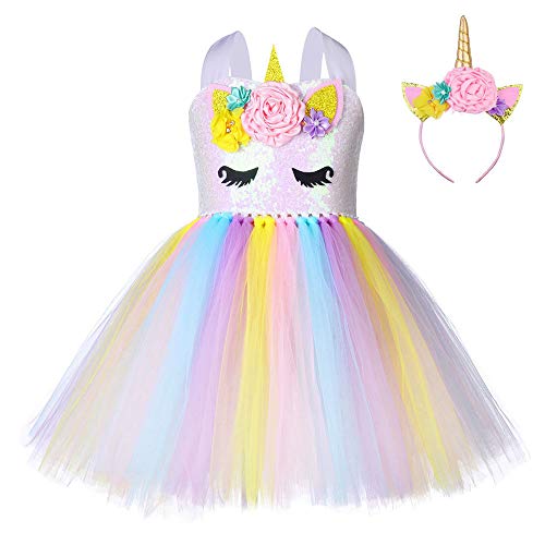 FONLAM Vestido Disfraz de Unicornio Niña Bebé Vestido Princesa Fiesta Carnaval Bautizo Tutú Infantil Flores Niña (Amarillo y Blanco, 3-4 Años M)