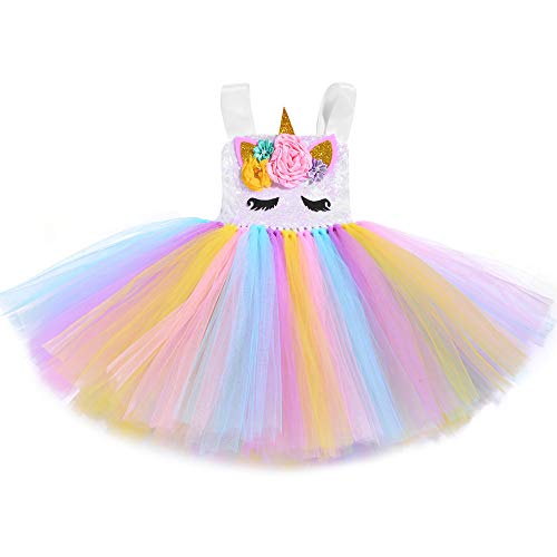 FONLAM Vestido Disfraz de Unicornio Niña Bebé Vestido Princesa Fiesta Carnaval Bautizo Tutú Infantil Flores Niña (Amarillo y Blanco, 3-4 Años M)