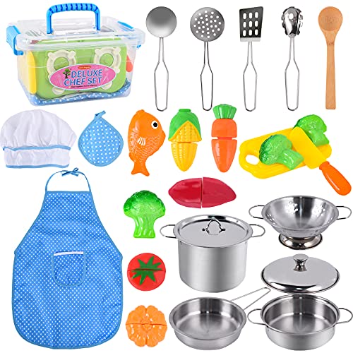 FORMIZON Juguetes de Cocina para Niños, Juguetes de Cocina Set con Alimentos Cortar Juguete Chef y Acero Inoxidable Utensilios de Cocina Culinario, Juguete para Niños Mayores de 3 Años