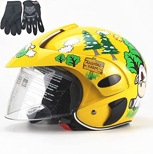 FQXM Casco para Motocicletas para niños, Casco Fuera de Carretera, Casco de Bicicletas para niños y Guantes, niños y niñas, Adecuado Durante 3-8 años,Amarillo