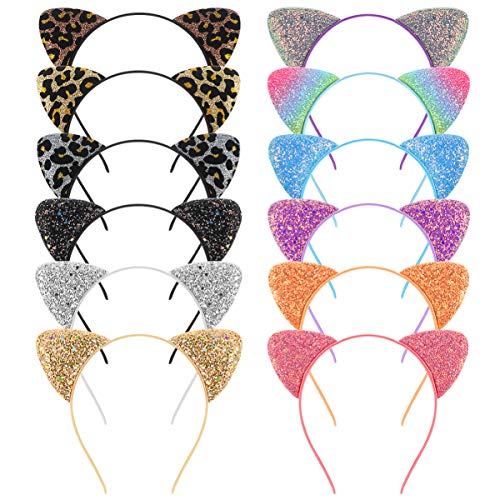 Frcolor - Diadema con orejas de gato, con lentejuelas brillantes, para fiestas diarias, 12 unidades