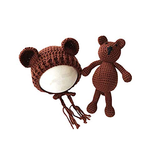 FRECOCCIALO Disfraza para Bebé Gorro de Ganchillo de Linda Oso, Atrezzo Disfraz Fotografia, Sombrero de Bebé Regalo para Bebé recién Nacido,2ps 1*Gorro + 1* muñeca Oso