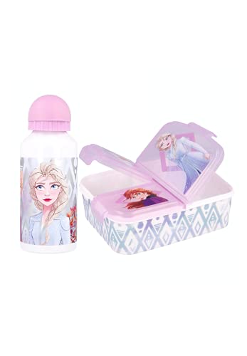 Frozen – Juego de almuerzo, botella de agua de aluminio + fiambrera premium juego de desayuno + pegatinas de nombre de Yuhu Bande