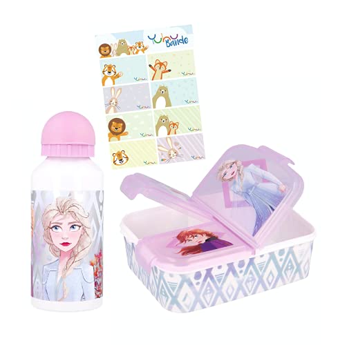 Frozen – Juego de almuerzo, botella de agua de aluminio + fiambrera premium juego de desayuno + pegatinas de nombre de Yuhu Bande