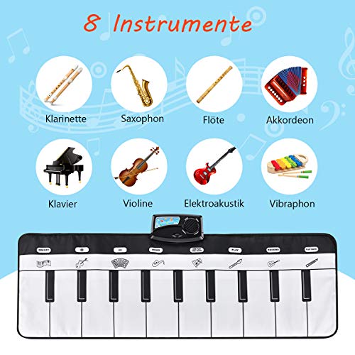 Funkprofi Alfombrilla de baile para niños, alfombrilla de piano con 8 instrumentos, teclado de piano, antideslizante, alfombra de juegos para bebés, niños, niñas y niños (blanco/negro, 100 x 36 cm)