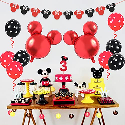 Funmemoir Minnie 3rd Birthday Decoraciones Suministros para Fiestas Rojo y Negro - Banner de Feliz cumpleaños Decoración para Tarta Número de cumpleaños Globo para niñas de 3 años