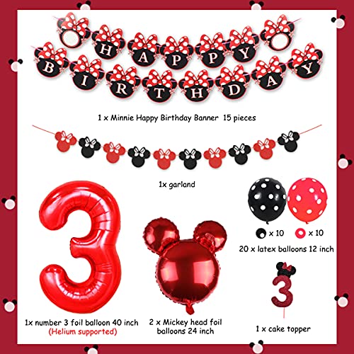 Funmemoir Minnie 3rd Birthday Decoraciones Suministros para Fiestas Rojo y Negro - Banner de Feliz cumpleaños Decoración para Tarta Número de cumpleaños Globo para niñas de 3 años