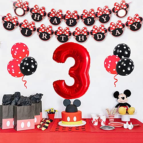 Funmemoir Minnie 3rd Birthday Decoraciones Suministros para Fiestas Rojo y Negro - Banner de Feliz cumpleaños Decoración para Tarta Número de cumpleaños Globo para niñas de 3 años