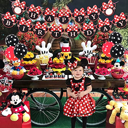 Funmemoir Minnie 3rd Birthday Decoraciones Suministros para Fiestas Rojo y Negro - Banner de Feliz cumpleaños Decoración para Tarta Número de cumpleaños Globo para niñas de 3 años