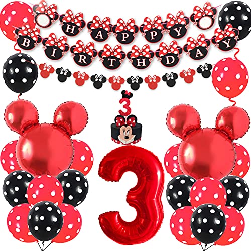 Funmemoir Minnie 3rd Birthday Decoraciones Suministros para Fiestas Rojo y Negro - Banner de Feliz cumpleaños Decoración para Tarta Número de cumpleaños Globo para niñas de 3 años