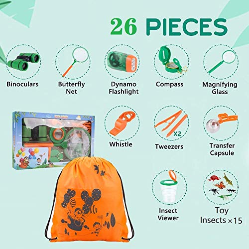 Funny House Exploración para Niños,26 Piezas Outdoor Explorer Kit Aventura al Aire Libre Juguetes 3-10 años Educativos Regalo de Cumpleaños para Niños con Mochila Brújula Binoculars