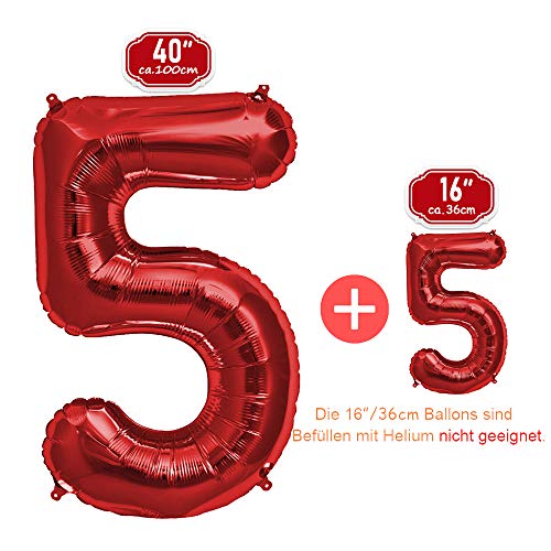 FUNXGO Globo Numero 5 Rojo - 100 cm & 40cm - Globos de Cumpleãnos 5 - Rojo Globo 5 años cumpleaños - Decoracion 5 Cumpleaños - Adecuado para cumpleaños, Fiestas sorpresas, Fiestas