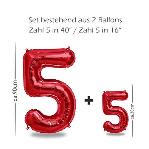 FUNXGO Globo Numero 5 Rojo - 100 cm & 40cm - Globos de Cumpleãnos 5 - Rojo Globo 5 años cumpleaños - Decoracion 5 Cumpleaños - Adecuado para cumpleaños, Fiestas sorpresas, Fiestas