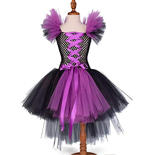 FYMNSI Disfraz de Niña Maléfica Reina Malvada Maleficent Halloween Costume Tutu Vestido de Bruja con Diadema de Cuernos Alas de Angel Conjunto Carnaval Fiesta de Cosplay Disfraces 3-4 Años