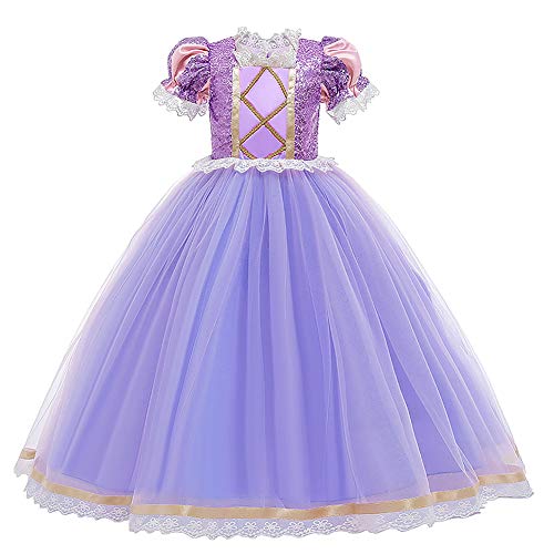 FYMNSI Rapunzel Disfraz Carnaval Sofia el Primer Traje de Princesa Vestido Niña Infantil Largo Sofía Disfraces para Halloween Ceremonia Navidad Fiesta Cosplay Costume Púrpura (con Peluca) 7-8 Años