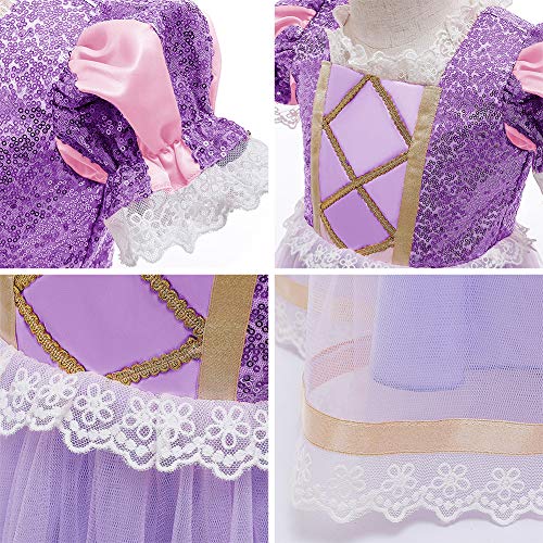 FYMNSI Rapunzel Disfraz Carnaval Sofia el Primer Traje de Princesa Vestido Niña Infantil Largo Sofía Disfraces para Halloween Ceremonia Navidad Fiesta Cosplay Costume Púrpura (con Peluca) 7-8 Años