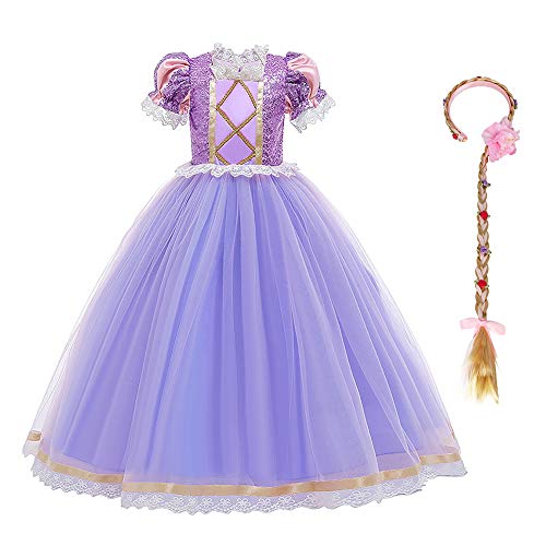 FYMNSI Rapunzel Disfraz Carnaval Sofia el Primer Traje de Princesa Vestido Niña Infantil Largo Sofía Disfraces para Halloween Ceremonia Navidad Fiesta Cosplay Costume Púrpura (con Peluca) 7-8 Años