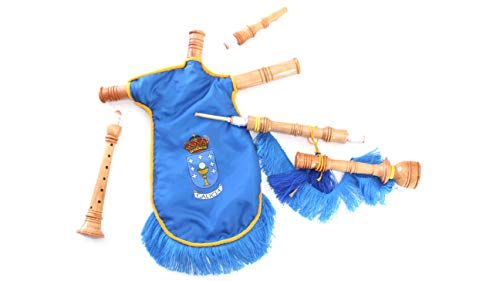 Gaita gallega de Juguete con Escudo de Galicia, en Madera de Fresno lacada al Natural, Fuelle de Tela Azul con Fleco Azul y Cordon Amarillo, para niños Que quieran Empezar a Dar Sus primeras Notas.