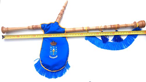 Gaita gallega de Juguete con Escudo de Galicia, en Madera de Fresno lacada al Natural, Fuelle de Tela Azul con Fleco Azul y Cordon Amarillo, para niños Que quieran Empezar a Dar Sus primeras Notas.