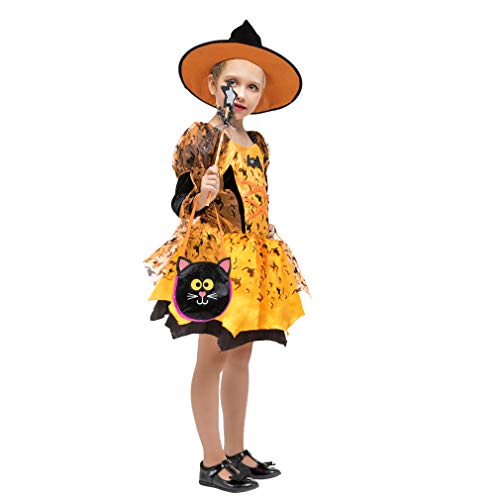 GEMVIE Disfraz infantil de bruja para Halloween, disfraz de carnaval, cosplay, vestido de bruja luminoso, sombrero de bruja + bolsa de azúcar + varita mágica de 7 a 9 años