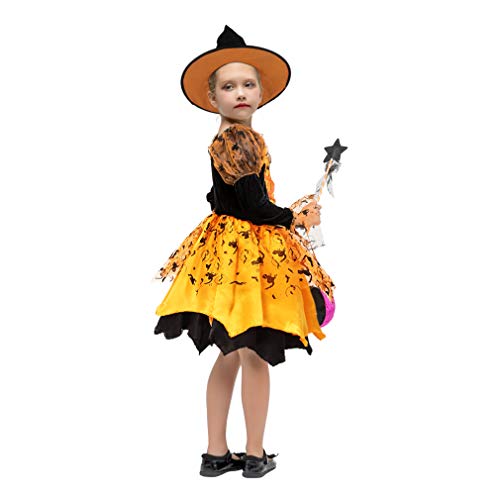 GEMVIE Disfraz infantil de bruja para Halloween, disfraz de carnaval, cosplay, vestido de bruja luminoso, sombrero de bruja + bolsa de azúcar + varita mágica de 7 a 9 años