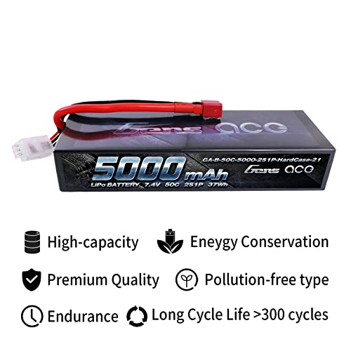 Gens ace B-50C-5000-2S1P-HARDCASE-24 - Batería de Lipo del Paquete 7.4V 5000mah 2S 50C, Batería/Pila Recargable