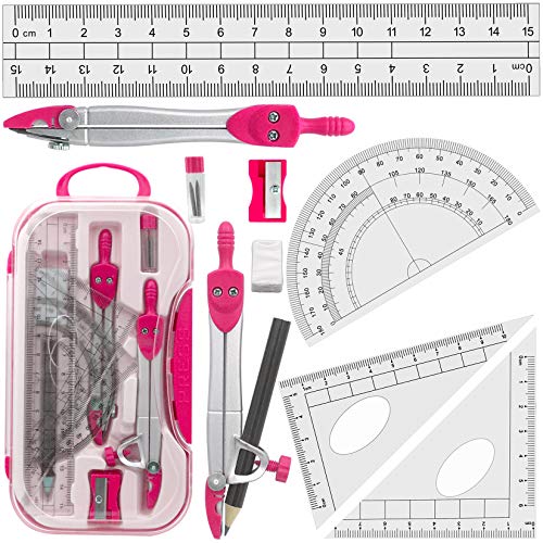 Geometría Compases Matemáticas para estudiantes en estuche de transporte, rosa