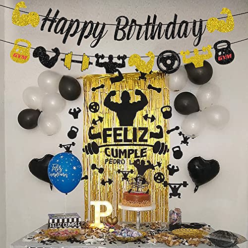 Gimnasio Feliz Cumpleaños Banner Glitter Negro y Oro Fitness Temed Banner de Cumpleaños para Hombres, Fitness Tema Decoraciones de Cumpleaños Levantamiento de Peso