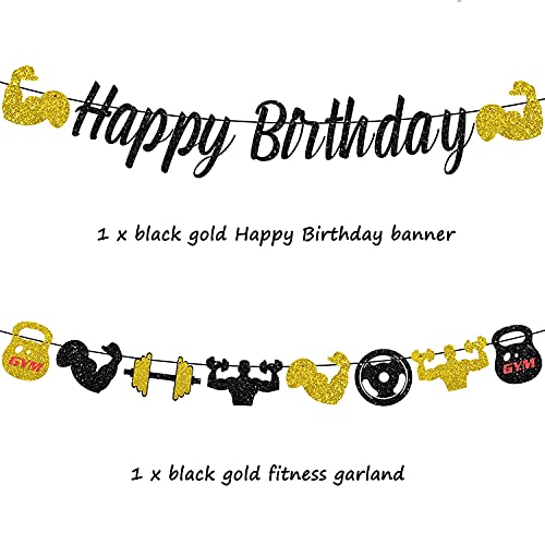 Gimnasio Feliz Cumpleaños Banner Glitter Negro y Oro Fitness Temed Banner de Cumpleaños para Hombres, Fitness Tema Decoraciones de Cumpleaños Levantamiento de Peso