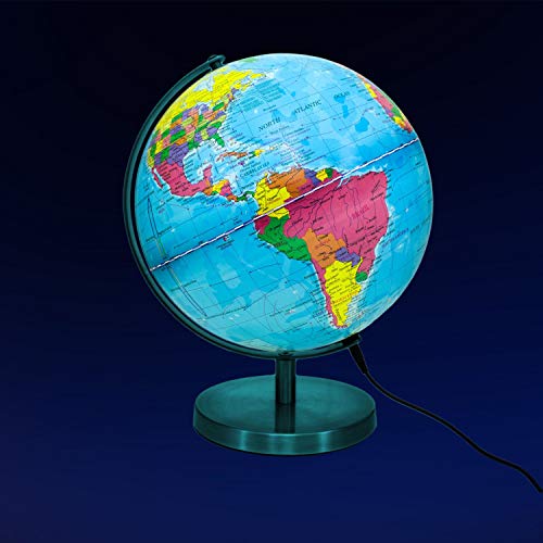 Globo Esfera iluminada Magellan Albion con Imagen de Mapa político e iluminación LED económica, diámetro 25 cm, Esfera con Base metálica en Color latón y meridiano 25 cm