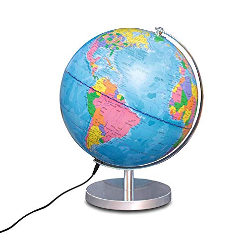 Globo Esfera iluminada Magellan Albion con Imagen de Mapa político e iluminación LED económica, diámetro 25 cm, Esfera con Base metálica en Color latón y meridiano 25 cm