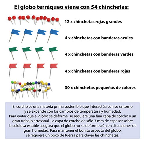 Globo terráqueo de corcho de 25 cm de alto con 54 chinchetas diferentes - Globo terráqueo giratorio hecho de corcho - Globo terráqueo como idea de regalo para los amantes de los viajes