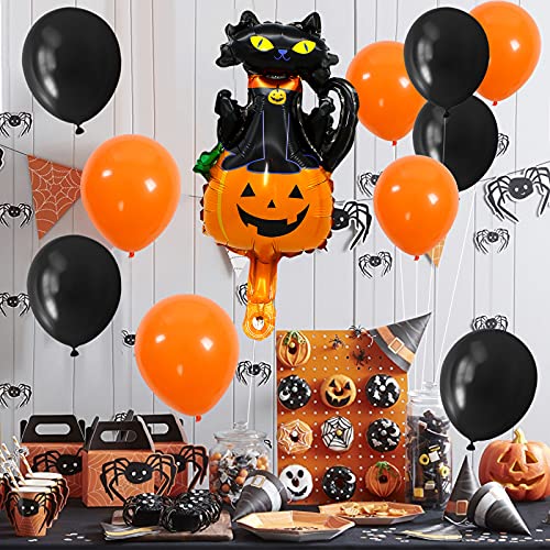 Globos de Halloween, 10 unidades, color naranja y negro, globos de látex con 1 pieza de mini calabaza y gato, globos divertidos para fiestas de cumpleaños infantiles, Halloween, decoración