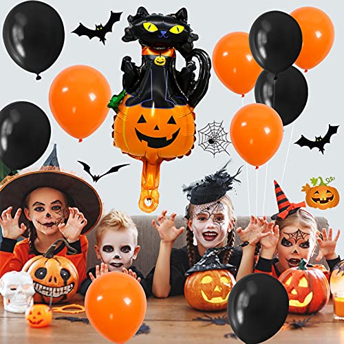 Globos de Halloween, 10 unidades, color naranja y negro, globos de látex con 1 pieza de mini calabaza y gato, globos divertidos para fiestas de cumpleaños infantiles, Halloween, decoración