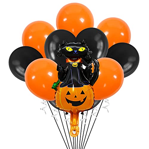 Globos de Halloween, 10 unidades, color naranja y negro, globos de látex con 1 pieza de mini calabaza y gato, globos divertidos para fiestas de cumpleaños infantiles, Halloween, decoración