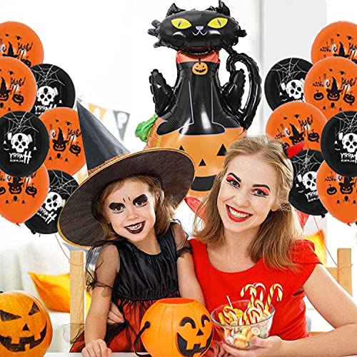 Globos de Halloween, 38 decoraciones para fiestas de Halloween, que incluyen pancartas de Halloween, globos de calabaza naranja negros, pancartas de Feliz Halloween y decoraciones en espiral