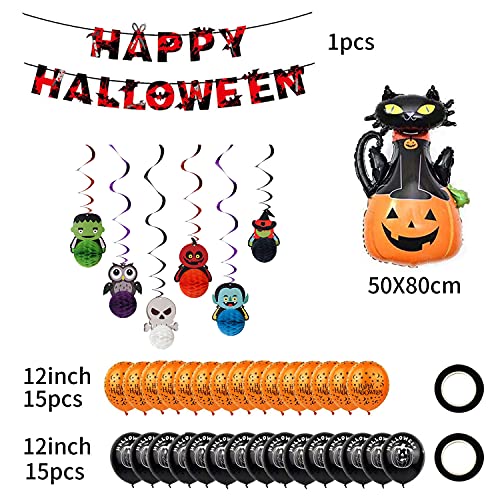 Globos de Halloween, 38 decoraciones para fiestas de Halloween, que incluyen pancartas de Halloween, globos de calabaza naranja negros, pancartas de Feliz Halloween y decoraciones en espiral