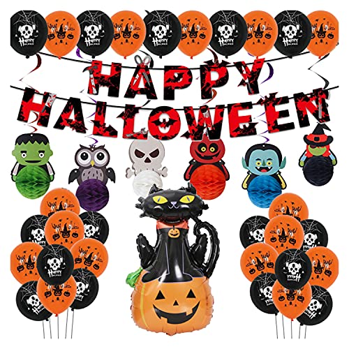 Globos de Halloween, 38 decoraciones para fiestas de Halloween, que incluyen pancartas de Halloween, globos de calabaza naranja negros, pancartas de Feliz Halloween y decoraciones en espiral