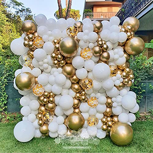 Globos Dorados Kit, 12" Blancos Dorados Helio Látex Globos y Oro Globos de Confeti, Biodegradable Fabricado Globos para cumpleaños, Bodas, Bautizos, Reuniones