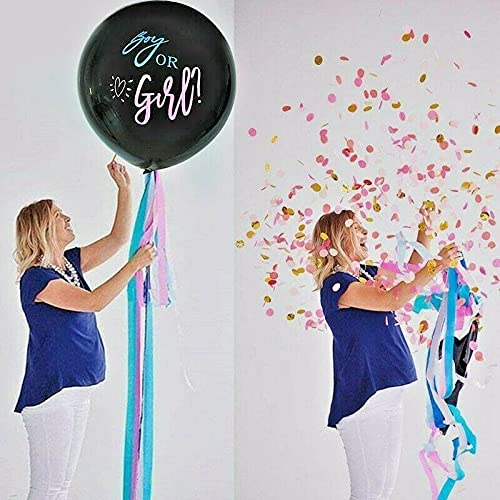 Globos género Reveal XXL negros de 36 pulgadas, 90 cm, para bebé niño o niña, de látex con confeti rosa y azul, aguja y cinta, decoración para fiestas de bebé