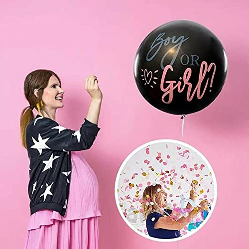 Globos género Reveal XXL negros de 36 pulgadas, 90 cm, para bebé niño o niña, de látex con confeti rosa y azul, aguja y cinta, decoración para fiestas de bebé