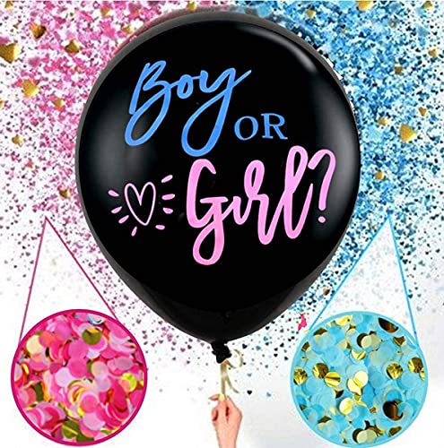 Globos género Reveal XXL negros de 36 pulgadas, 90 cm, para bebé niño o niña, de látex con confeti rosa y azul, aguja y cinta, decoración para fiestas de bebé