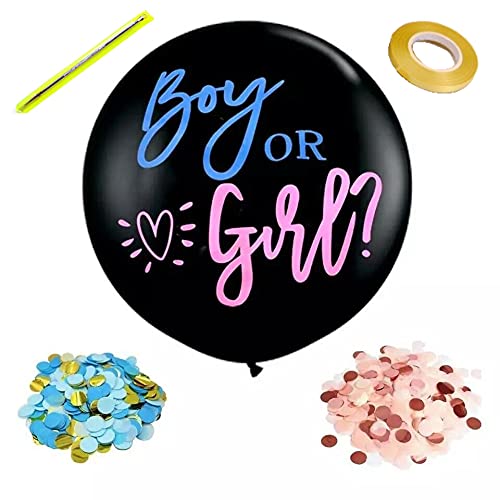 Globos género Reveal XXL negros de 36 pulgadas, 90 cm, para bebé niño o niña, de látex con confeti rosa y azul, aguja y cinta, decoración para fiestas de bebé