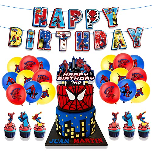 Globos Spider Man Favor de Fiesta Temática Spiderman Globos Pancarta de Feliz Cumpleaños Adorno para Pastel para Niños Decoraciones de Cumpleaños Spiderman