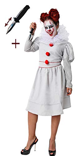 Gojoy shop-Disfraz y Cuchillo de Broma Retráctil de Payaso Asesino para Mujeres Halloween Carnaval (Contiene Cuchillo, Vestido y Cuello, Talla Unica)