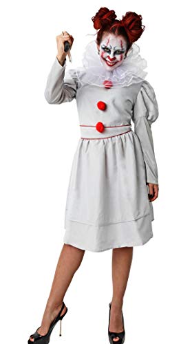 Gojoy shop-Disfraz y Cuchillo de Broma Retráctil de Payaso Asesino para Mujeres Halloween Carnaval (Contiene Cuchillo, Vestido y Cuello, Talla Unica)