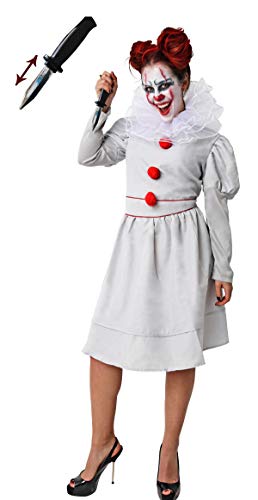 Gojoy shop-Disfraz y Cuchillo de Broma Retráctil de Payaso Asesino para Mujeres Halloween Carnaval (Contiene Cuchillo, Vestido y Cuello, Talla Unica)